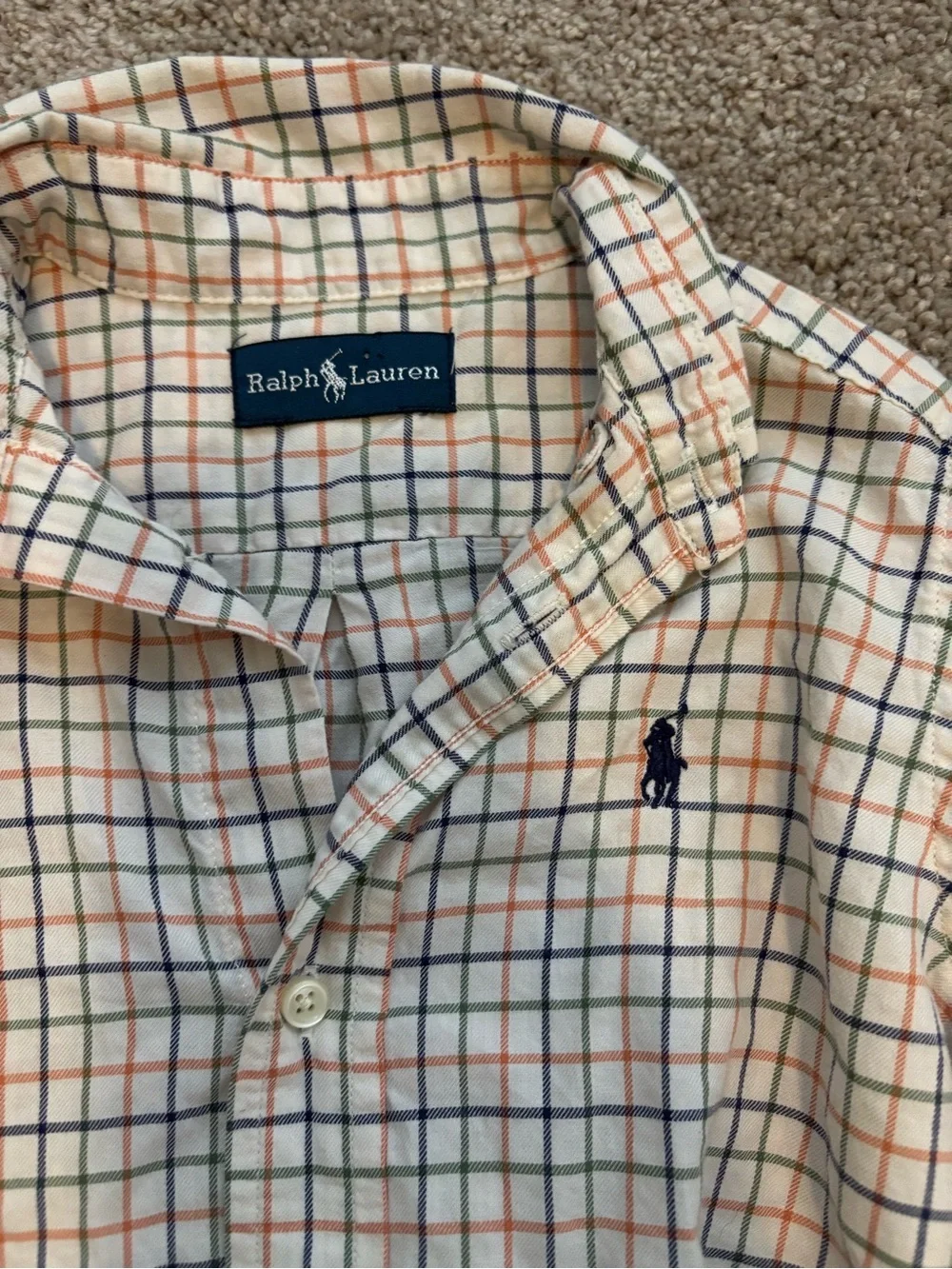 Ralph Lauren Cream Plaid Button-Down Shirt with Navy & Orange Checks